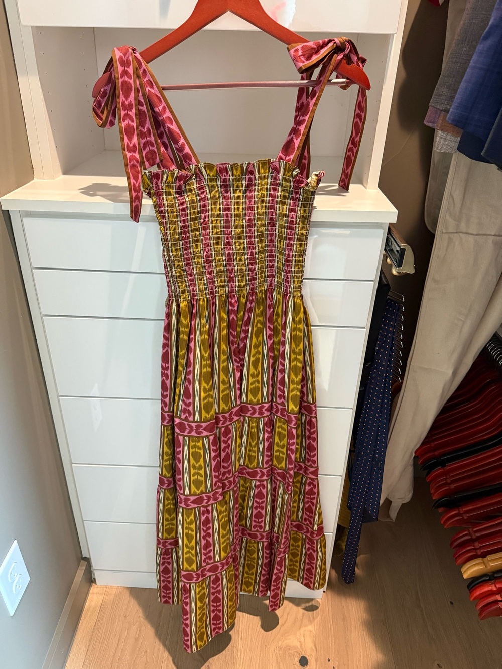 Hill House Sleeveless Tie-Shoulder Midi Dress in Pink and Mustard - Picture 3 of 5